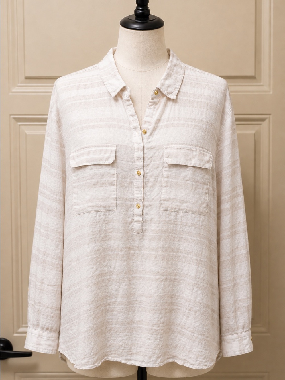 Ellen Tracy Beige and White Striped Linen Tunic Top Long Sleeved Size 2X